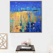 Grandes pinturas abstractas azules y amarillas sobre lienzo Pintura moderna original Pintura al óleo de arte de pared texturizada colorida | STARFALL