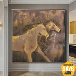 Pintura de caballos marrones, arte impresionista moderno, pintura de lujo, pintura abstracta de animales, arte de pared texturizado | RUNNING HORSES 46"x46"