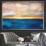 Puesta de sol pintura abstracta azul océano pared arte oro horizonte bellas artes gran océano pintura gruesa única | SUMMER SUNSET