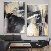 Juego de pintura de gran tamaño de 2 lienzos abstractos en blanco y negro arte moderno grande | HONESTY