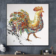 Pintura de gallo, arte de pared colorido, pintura al óleo sobre lienzo, arte de sala de estar | ROOSTER