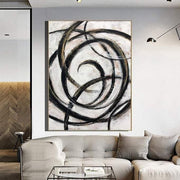 Pintura al óleo original minima lista de líneas curvas sobre lienzo: arte moderno abstracto en negro, blanco, beige, marrón para la decoración de paredes del hogar y la oficina | LIFE CYCLE
