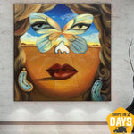 Lienzo de pintura surrealista, arte de pared colorido, lienzo de estilo Dalí, arte de pared figurativo, pintura abstracta de cara de mujer, arte de pared de lujo | BUTTERFLY EFFECT 46"x46"