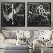 Grandes pinturas al óleo abstractas lienzo conjunto de 2 arte de pared blanco y negro arte de pared díptico ilustraciones arte contemporáneo pintura oscura | MAGIC WANDS
