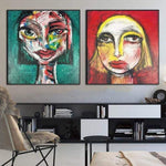 Pinturas faciales abstractas, conjunto grande de 2 obras de arte, arte de pared cubista, arte figurativo, pintura facial femenina abstracta, pintura de arte Pop | FEMALE SMILE