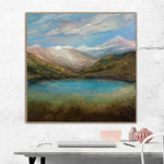 Pintura al óleo impresionista original del paisaje del lago de montaña sobre lienzo: arte de montaña y lago minimalista empaste en azul, blanco, verde | MOUNTAIN LAKE