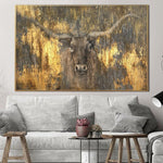 Pintura de toro original Lienzo de lámina de oro Arte de pared de animales Pintura de cuernos largos Pintura al óleo texturizada Arte moderno pintado a mano | OX