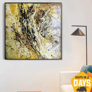 Original Painting Gold Abstract Small Canvas Art Painting Yellow Acrylic Painting, Small Abstract Acrylic Painting in size 27.55x27.55" | YELLOW CRAZINESS 27.55x27.55" - Trend Gallery Art | Original Abstract Paintings