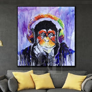 Pintura de mono grande sobre lienzo Mono en auriculares Pintura al óleo | YOUR VIBE