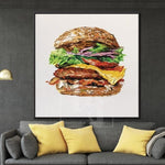 Arte moderno de hamburguesas, pintura de pared de gran tamaño, pintura de alimentos sobre lienzo | BEEF AND BUN